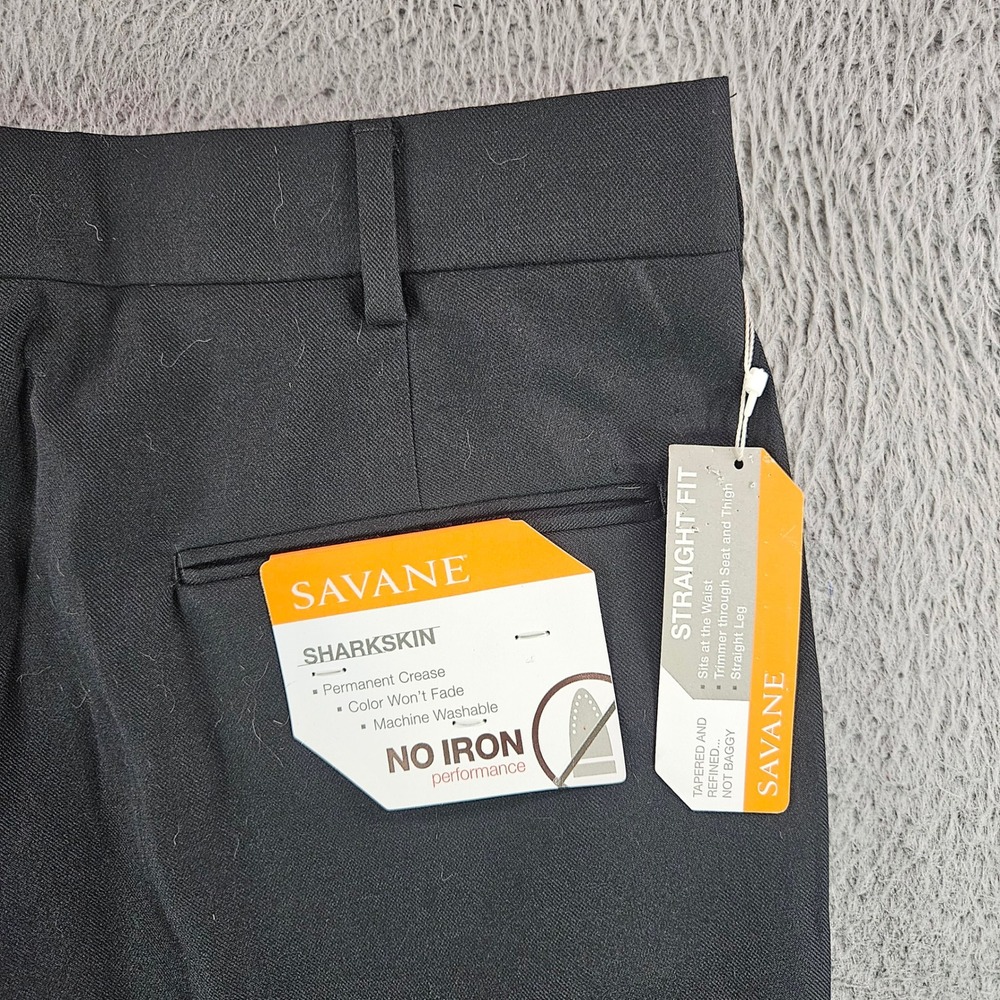 Savane Men Black Sharkskin Straight Fit Dress Pants Flex Waist 34x32 No Iron NEW